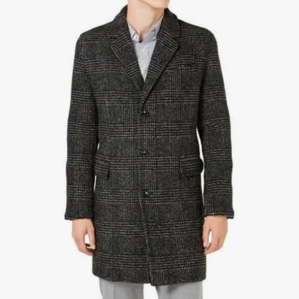Michael Kors Mens Ghent Slim-Fit Wool Topcoat Size 40S Plaid Medium Gray/Black
